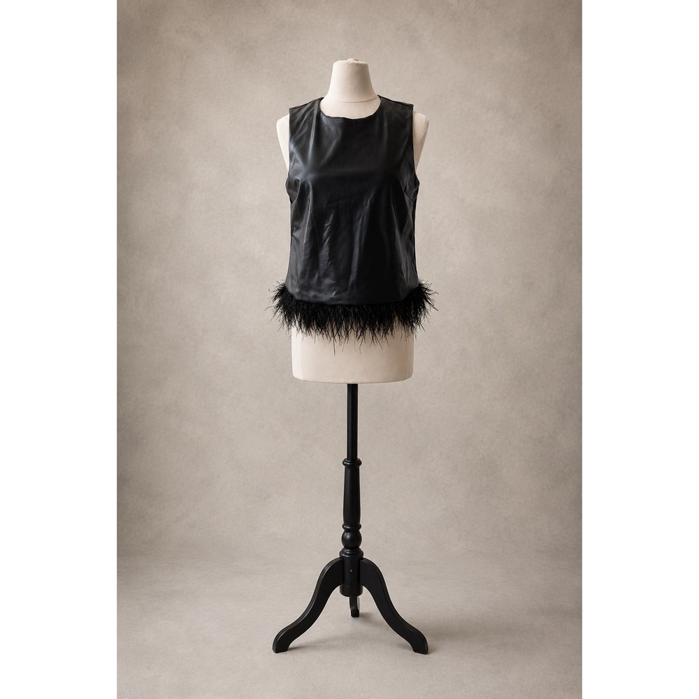 FORCYNTHIA Black Faux Leather Feather Trim Sleeveless Top Size L - Picture 4 of 6